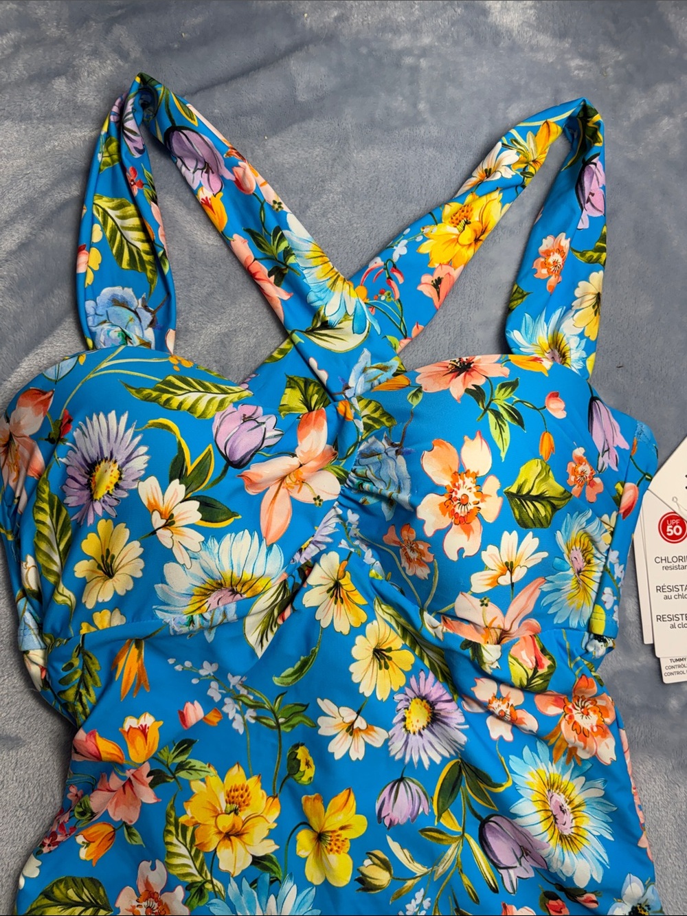 Jantzen Bright Blue Floral Cross-Back Women's One-Piece Swimsuit - Picture 3 of 7
